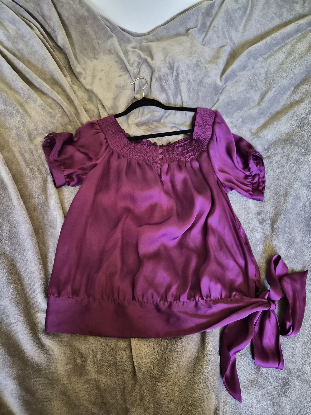 Dressbarn Satin Purple Tie-Hem Puff Sleeve Blouse